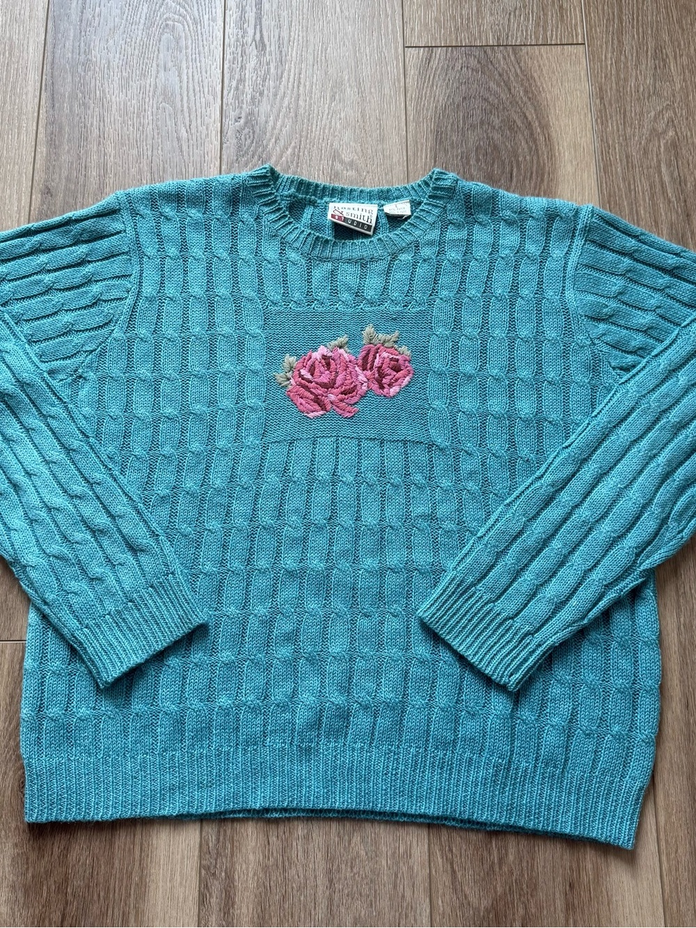 Vintage Hasting & Smith Turquoise Knit Sweater with Pink Rose Embroidery Large